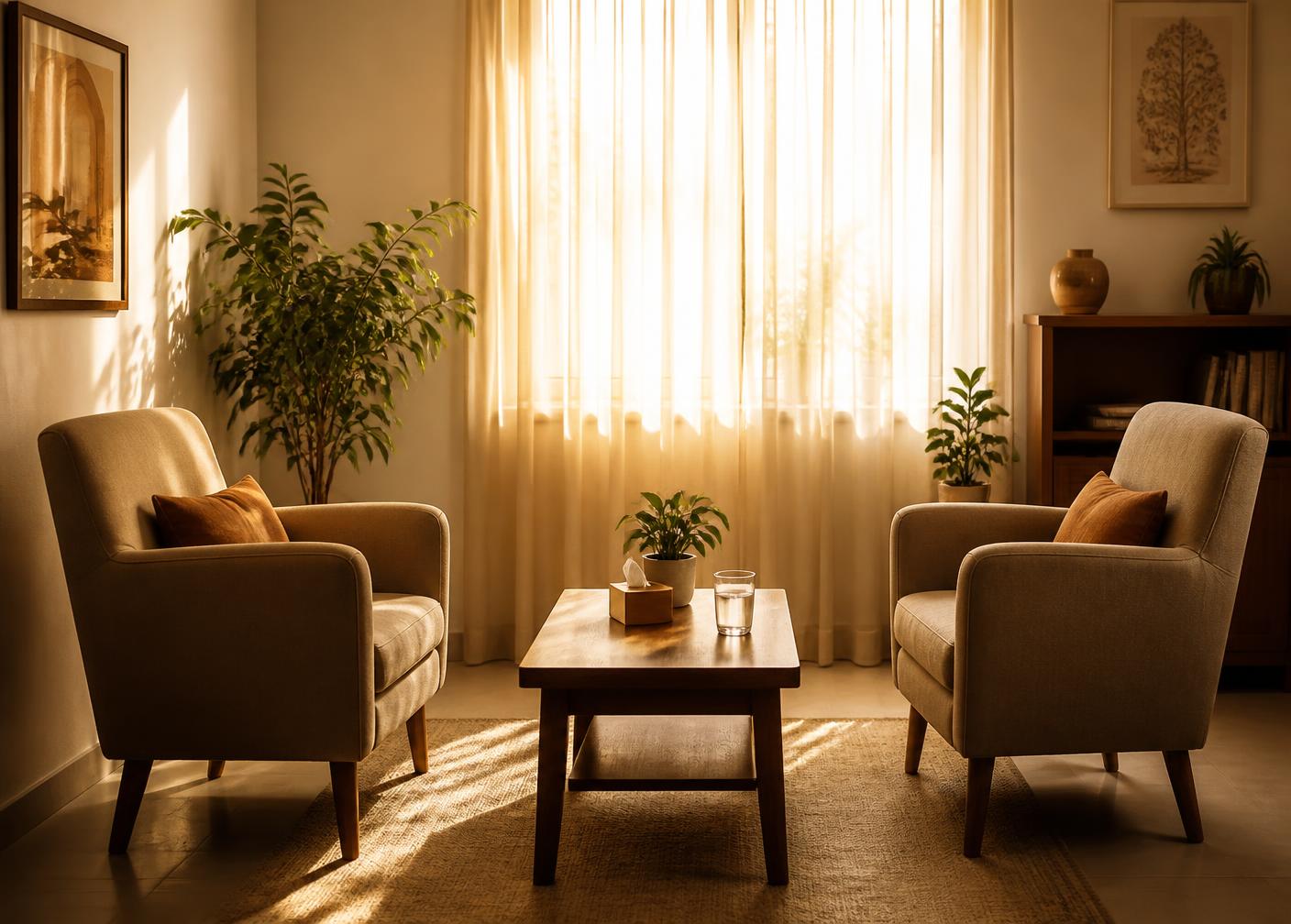 A calm counselling room with two chairs facing each other in warm daylight