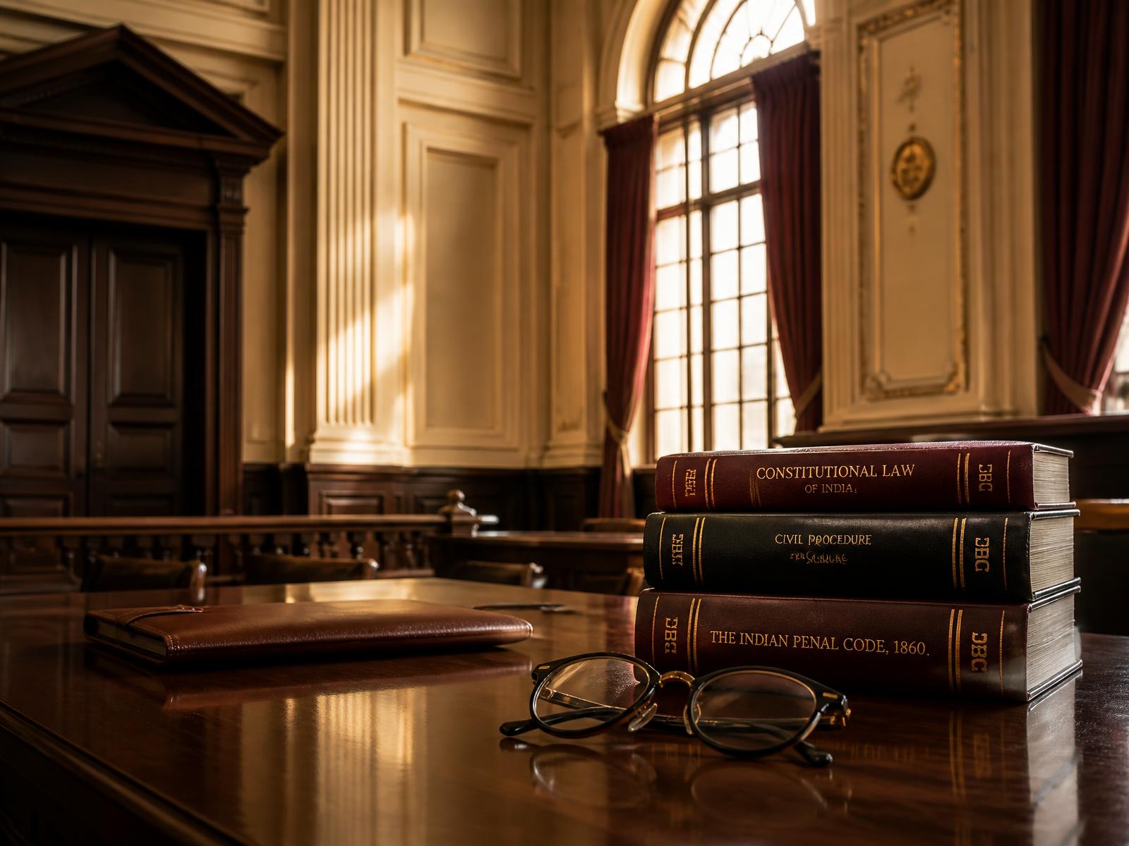 Sunlit courtroom interior in India with volumes of Indian law on a polished wooden table