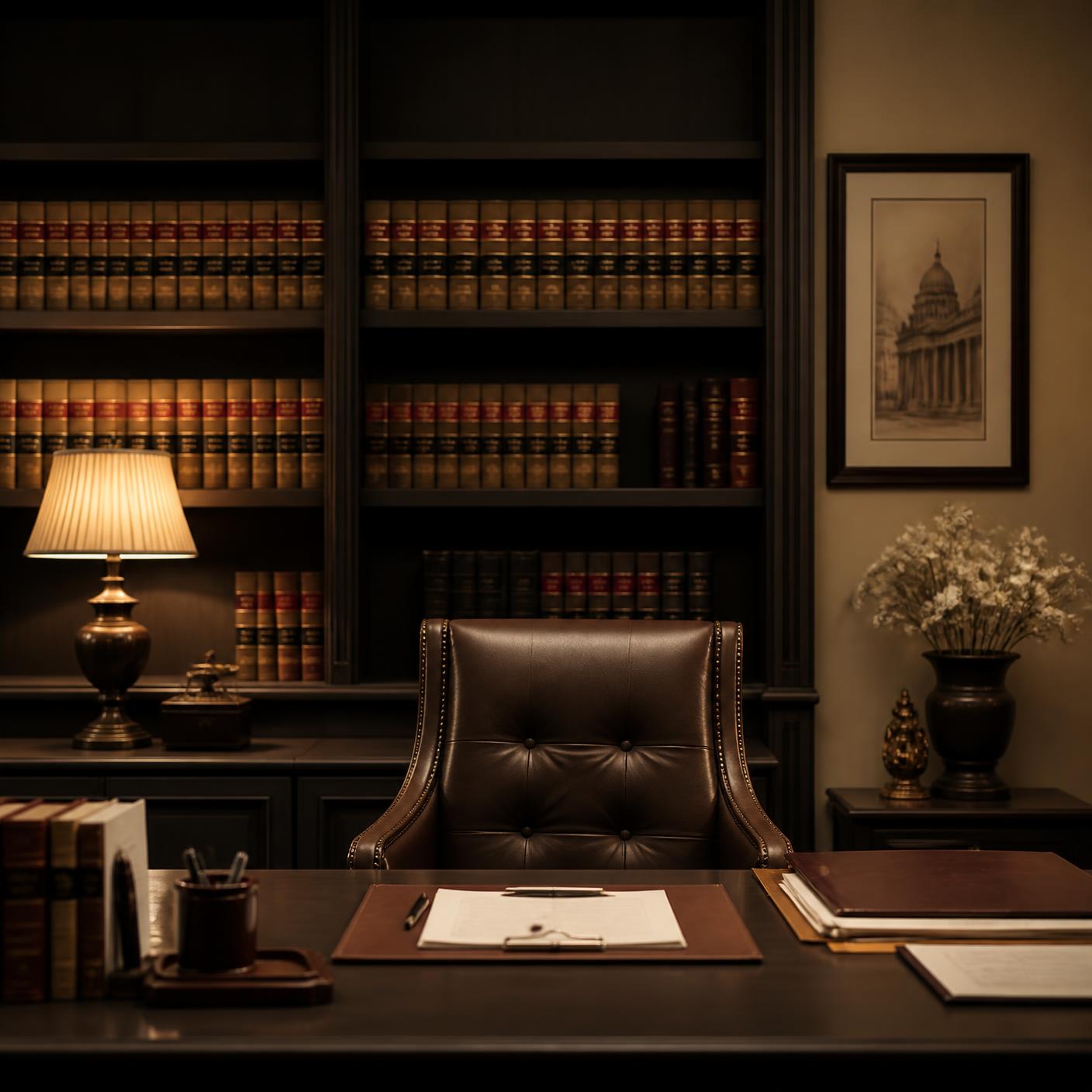An advocate's study in Bhopal with shelves of legal volumes and a warm reading lamp